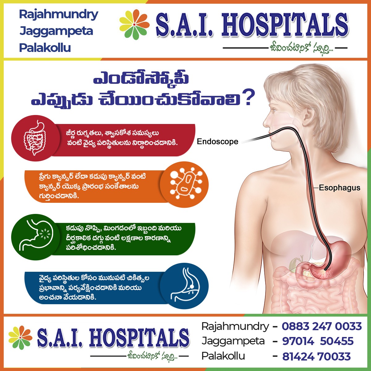 ఎండోస్కోపీ ఎప్పుడు చేయించుకోవాలి?....
#saihospitals #doctors #care #endoscopy #lifesaving #visitus #rajahmundry #palakollu #jaggampeta