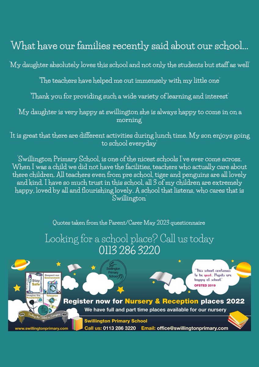 swillingtonps's tweet photo. Thank you to all the parents and carers for completing our questionnaire. Here are some of their individual quotes. #primaryschool #brigshawlearningpartnership #schoolplace #september https://t.co/MLJYMwsdbc