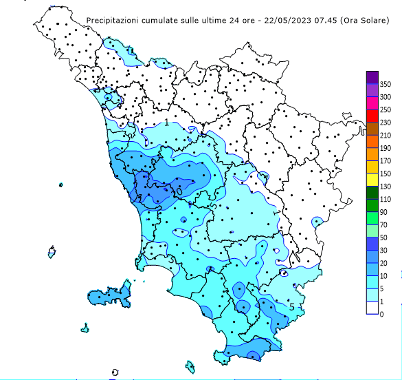 Monitoraggio precipitazioni Toscana - #allertameteoTOS - 22/05/2023 09:00 - CFR Toscana - cfr.toscana.it/index.php?IDS=…