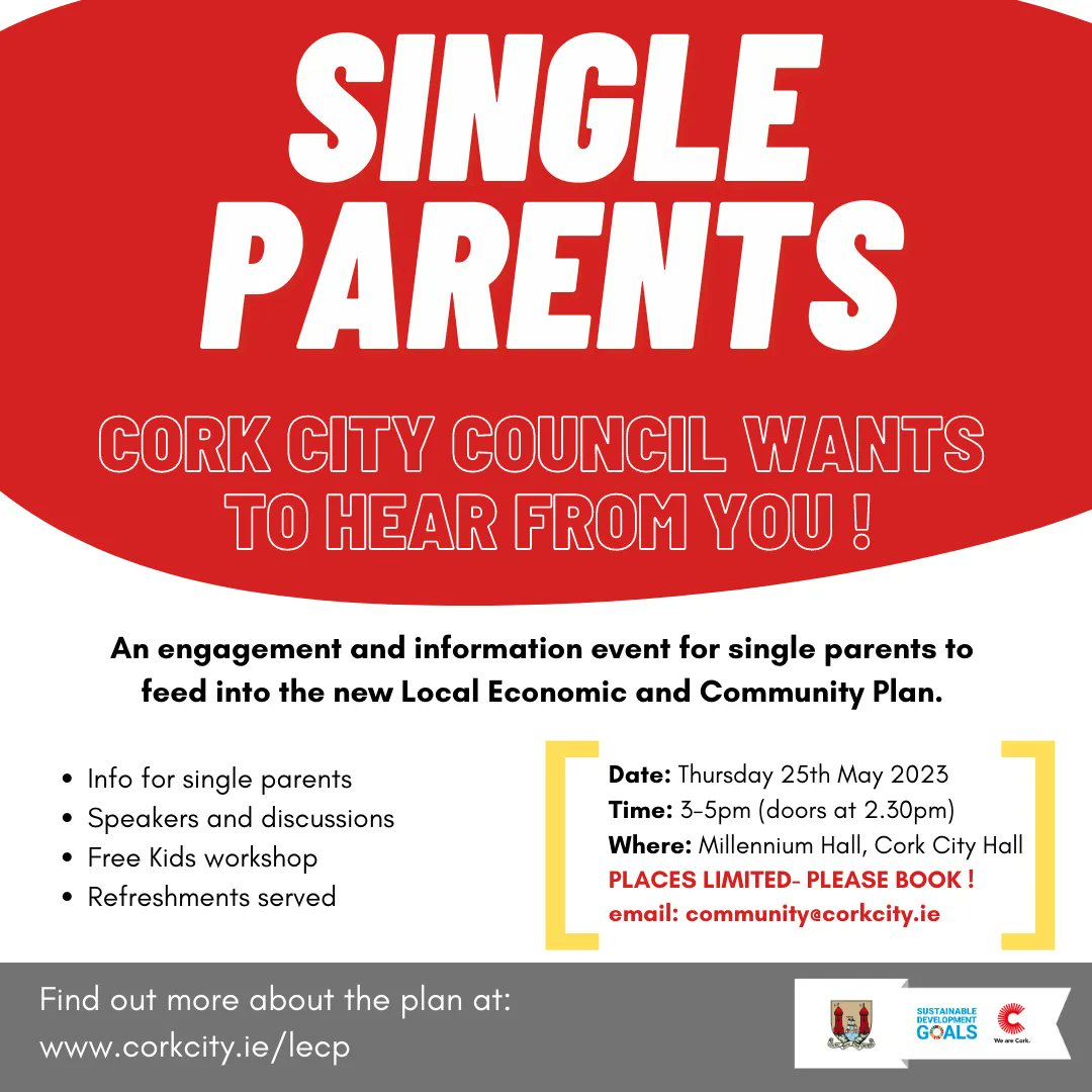 Cork City Council (@corkcitycouncil) on Twitter photo 📢We are organising an information evening for single parents to share their views in the new Local Economic and Community Plan
🗓️25 May
🕒3pm-5pm
📍Cork City Hall
📩Places limited - please book by contacting: community@corkcity.ie
ℹ️For more: buff.ly/3mQa7vo 📢We are organising an information evening for single parents to share their views in the new Local Economic and Community Plan
🗓️25 May
🕒3pm-5pm
📍Cork City Hall
📩Places limited - please book by contacting: community@corkcity.ie
ℹ️For more: buff.ly/3mQa7vo