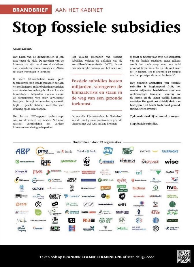 ‘Fossiele subsidies kosten miljarden, verergeren de klimaatcrisis en staan in de weg van een gezonde toekomst!’

Terechte brandbrief aan het kabinet: #StopFossieleSubsidies 🙏🍀