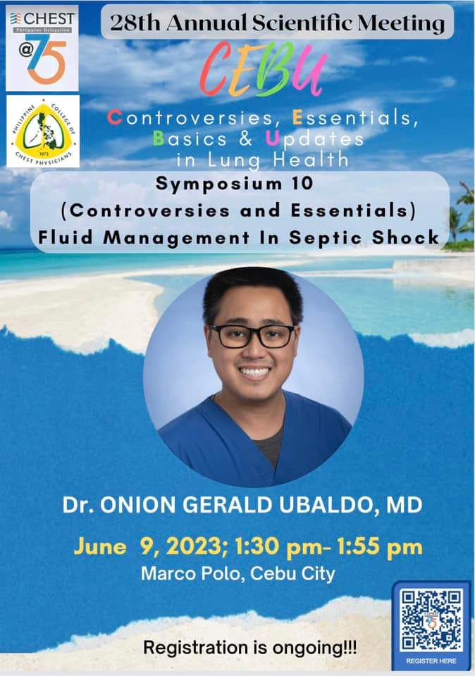 CHESTPD's tweet photo. The final set of the CHEST PD’s 28th Annual Scientific Meeting: Controversies, Evidence, Basics &amp; Upadates deals with Crtitical Care.

Let us hear from our experts Dr. Onion Ubaldo talk about Fluid Management in Septic Shock https://t.co/o2IupdRwXv