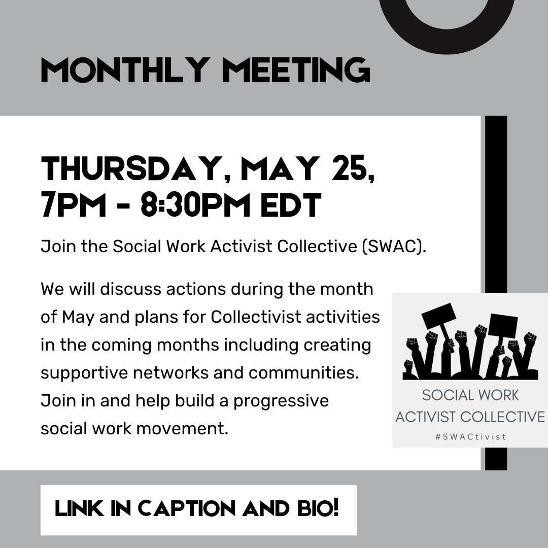 Social Work Activist Collective (@swactivists) on Twitter photo See you this Thursday for our monthly meeting! Link to register: us06web.zoom.us/meeting/regist…
<a href="/acosaorg/">ACOSA</a> <a href="/upendmovement/">upEND Movement</a> <a href="/NationalSwaa/">National SWAA</a> <a href="/swkrequity/">Social Worker Equity Campaign</a> <a href="/cahydephd/">Social Change</a> @sonsteng_person <a href="/burghardt_steve/">Steve Burghardt</a> <a href="/SPSarantakos/">Σοφία Π. Σαραντάκος</a> <a href="/AlanDettlaff/">Alan Dettlaff</a>
#MondayMotivation #socialworker #socialwork #socialworktwitter See you this Thursday for our monthly meeting! Link to register: us06web.zoom.us/meeting/regist…
<a href="/acosaorg/">ACOSA</a> <a href="/upendmovement/">upEND Movement</a> <a href="/NationalSwaa/">National SWAA</a> <a href="/swkrequity/">Social Worker Equity Campaign</a> <a href="/cahydephd/">Social Change</a> @sonsteng_person <a href="/burghardt_steve/">Steve Burghardt</a> <a href="/SPSarantakos/">Σοφία Π. Σαραντάκος</a> <a href="/AlanDettlaff/">Alan Dettlaff</a>
#MondayMotivation #socialworker #socialwork #socialworktwitter