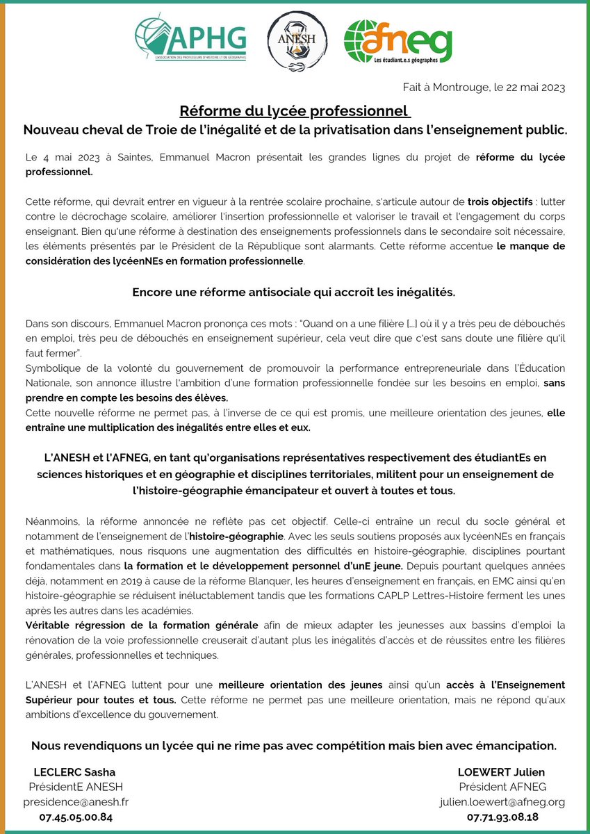❌️ Réforme du #LyceeProfessionnel : un nouveau cheval de Troie de l'inégalité et de la #privatisation de l'Enseignement ❌️

📣 Conjointement la <a href="/FederationANESH/">ANESH</a> et l'@AFNEG revendiquent un lycée qui ne rime pas avec compétition mais avec émancipation !

cc <a href="/APHG_National/">APHG</a>