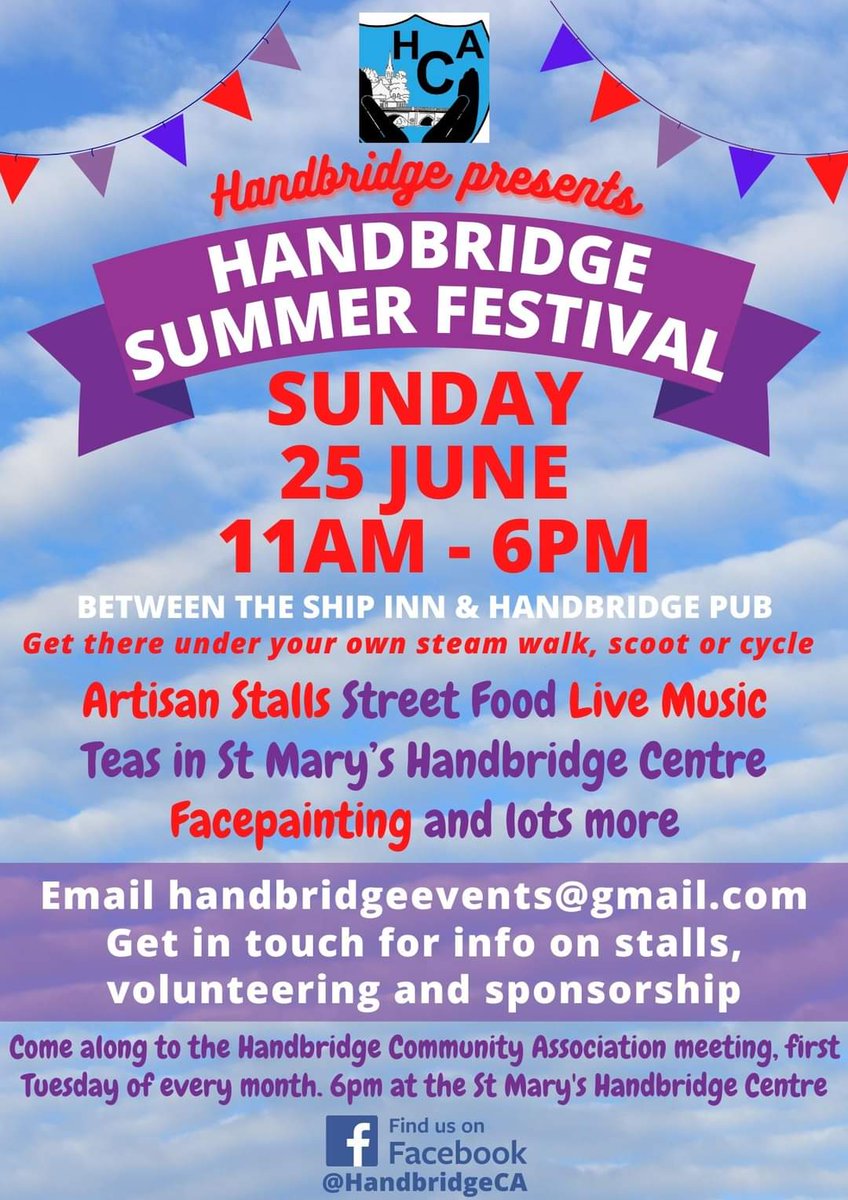 June Handbridge Summer Festival . Get this in your calendar because it's going to be a great day 🥳

If you want to get involved email handbridgeevents@gmail.com
