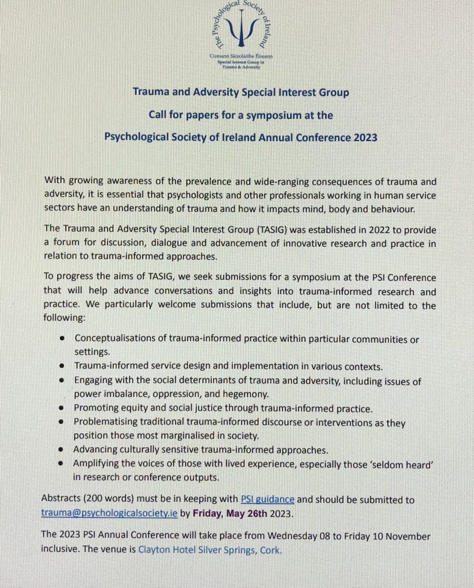 Dr Catriona O’Toole 🍉 (@catrionaotoole) on Twitter photo Call for Abstracts 📣
<a href="/TraumaSIG/">TraumaSIG</a> invites submissions for a symposium <a href="/PsychSocIreland/">Psychological Society of Ireland</a> Annual Conference
Submit to: trauma@psychologicalsociety.ie by Fri May 26th.
psychologicalsociety.ie/conference Call for Abstracts 📣
<a href="/TraumaSIG/">TraumaSIG</a> invites submissions for a symposium <a href="/PsychSocIreland/">Psychological Society of Ireland</a> Annual Conference
Submit to: trauma@psychologicalsociety.ie by Fri May 26th.
psychologicalsociety.ie/conference