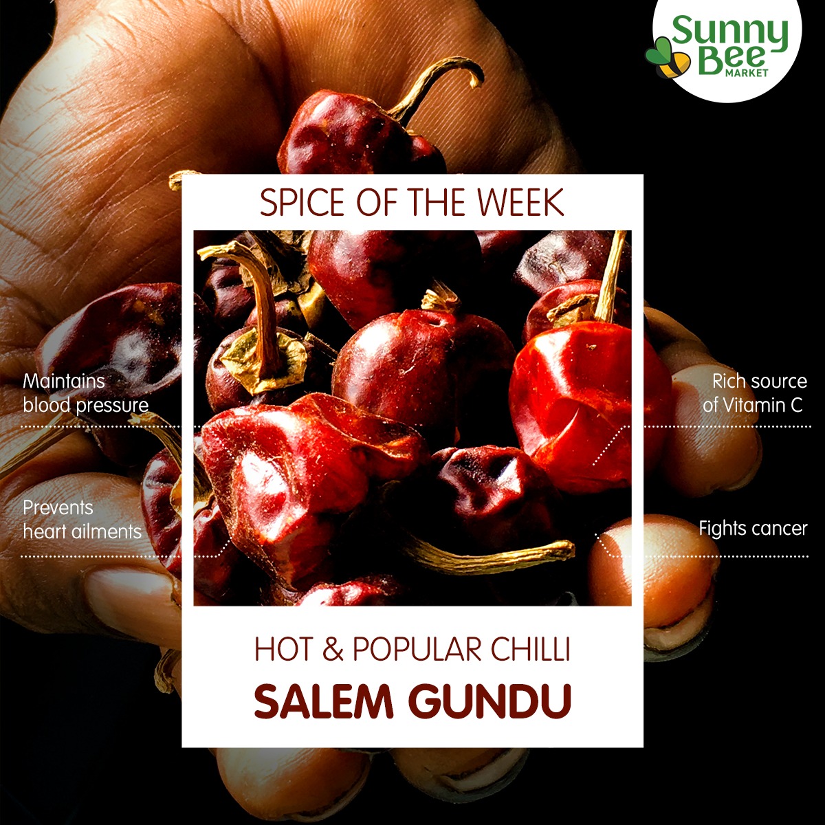 You can find this spicy chilli in every household in South India. Salem Gundu, a small &amp; round chilli, has a unique flavour and numerous health benefits. Add it to your SunnyBee cart &amp; enjoy a spicy, healthy life ahead. Visit the store now! 
#SunnyBeeMarket #Spices #ChennaiRetail