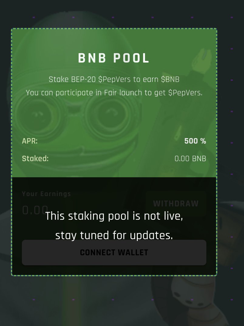 🙅‍♂️Hello PEPPP!!!

🚀Who is ready for the most awaited BNB Pool? where you can stake PepVers Tokens and get reward in BNB!

stake.pepverse.io

👇If you missed presale buy on Pancakeswap before pool gets live and hiked the price 🥳

pancakeswap.finance/swap?outputCur…

#Pepe #bnb #busd