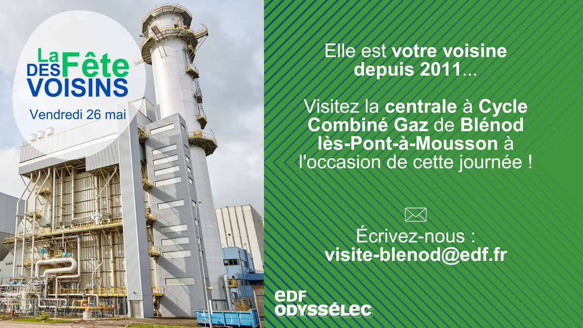 📢🏭 Pssst ! Connaissez-vous votre #voisine #industrielle ? 🔌💥 
Rendez-nous visite pour la fête des voisins, le vendredi 26 mai ! 🎉🚀 Inscrivez-vous à visite-blenod@edf.fr et vivez une journée inoubliable ! ⚡️🤝 

#DLDNov
#VisiterEDF #FêteDesVoisins