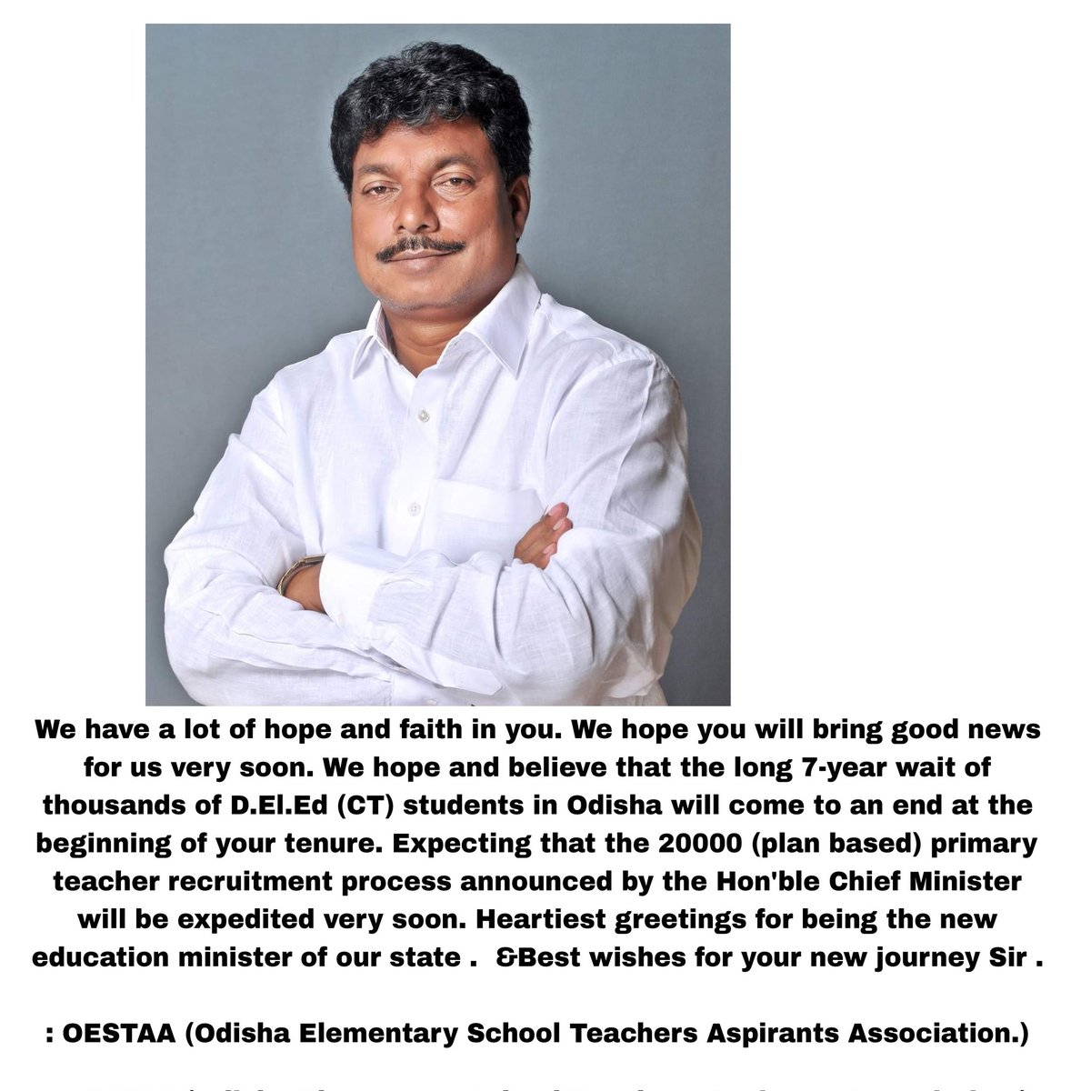 Jitendr43802809's tweet photo. @marndi_sudam Many many congratulations Sir &amp; Best wishes from all of us . #OESTAA (ODISHA ELEMENTARY SCHOOL TEACHER ASPIRANTS ASSOCIATION)

@bjd_odisha @CMO_Odisha @MoSarkar5T https://t.co/qEkjA5hBdK