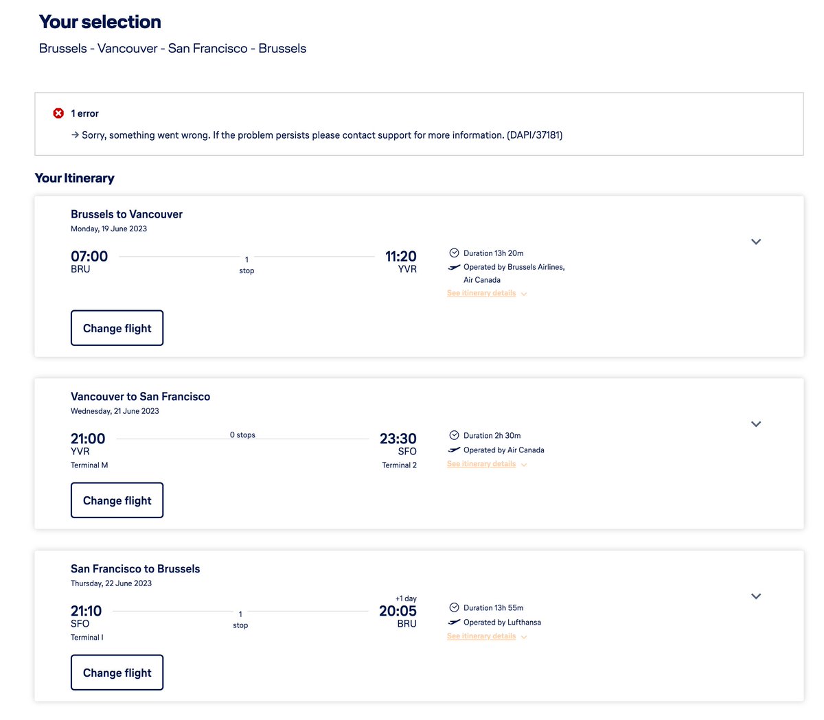 OttoDebals's tweet photo. @lufthansa Is this false advertising? Since days getting an error when trying to book this multi-city trip on Lufthansa. Call center supervisor: 'it's because we actually don't sell tickets for Vancouver>SFO leg' 'Why are there >10 flights suggested then?' 'It's an IT glitch' ?? https://t.co/O2uuw6kcTX
