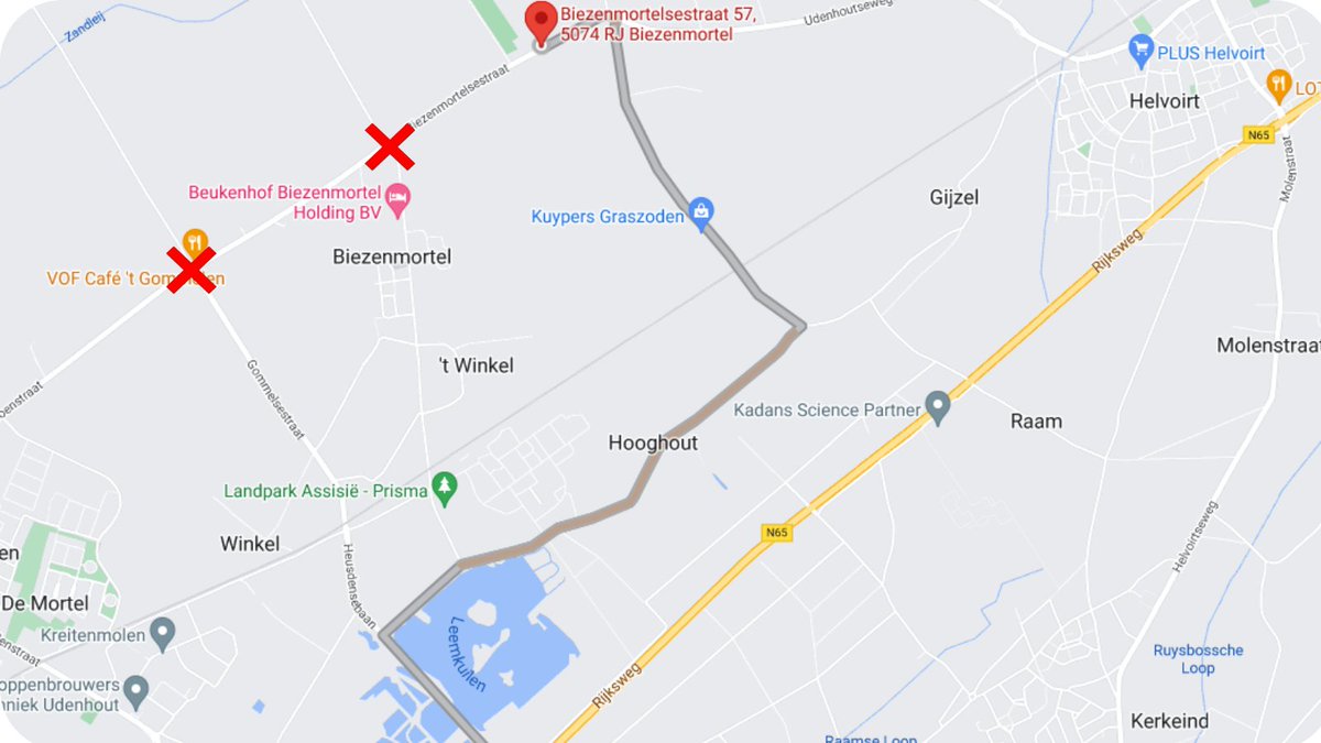 𝐖𝐨𝐞𝐧𝐬𝐝𝐚𝐠 𝟐𝟒 𝐦𝐞𝐢 𝐯𝐚𝐧𝐚𝐟 𝟔:𝟑𝟎𝐮 𝐭/𝐦 𝐝𝐨𝐧𝐝𝐞𝐫𝐝𝐚𝐠 𝟐𝟓 𝐦𝐞𝐢 𝟕:𝟎𝟎𝐮 is de rotonde op de kruising Biezenmortelsestraat - Gommelsestraat en de rotonde Capucijnenstraat afgesloten
Wij zijn te bereiken via N65 afslag Helvoirt of via De pals (zie kaartje).