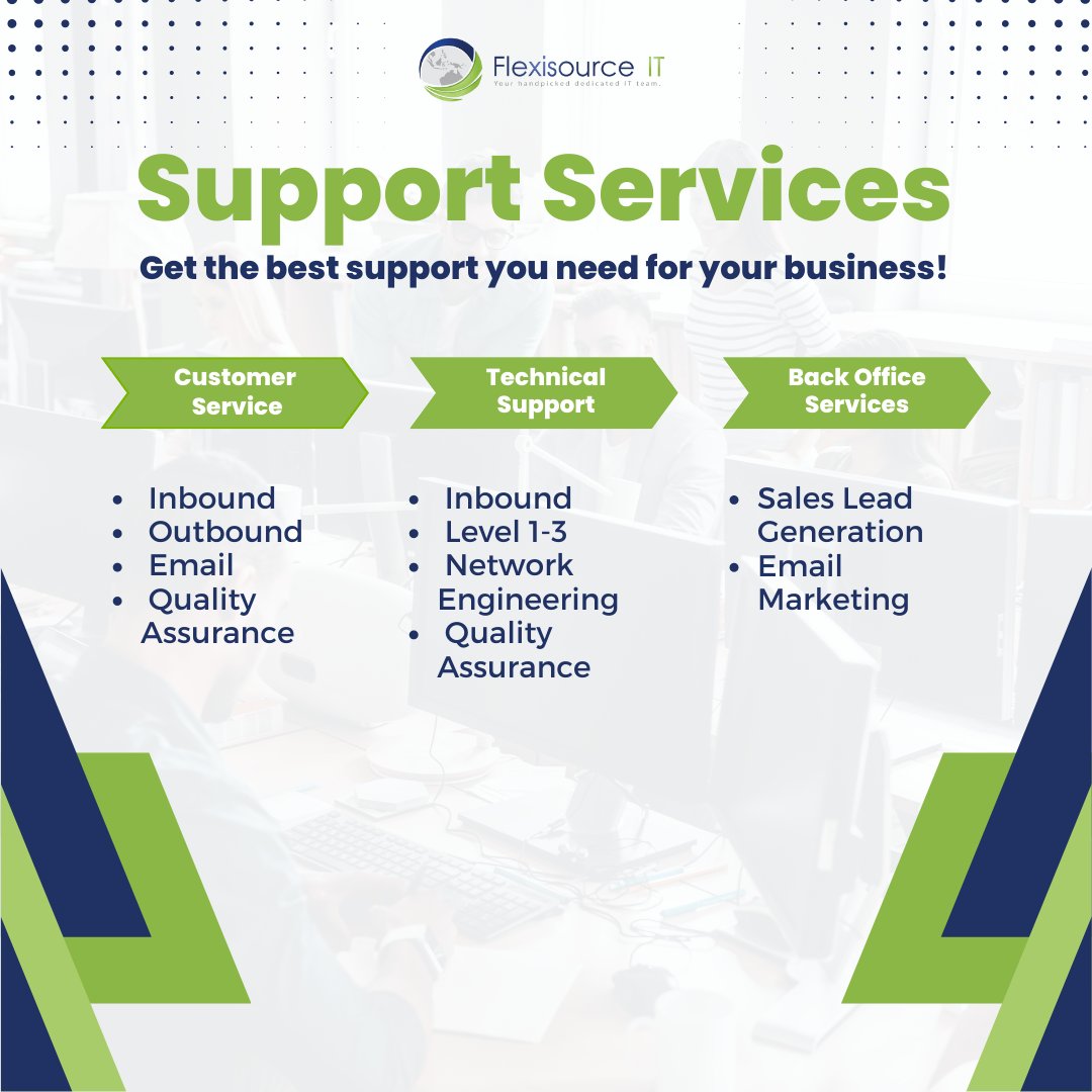 Experience unparalleled support for your business with our dedicated and responsive support services.

Your business deserves reliable support to keep operations running smoothly. 

Reach out to us for unparalleled assistance.

#flexisourceIT #weareflexisourceIT #supportservices