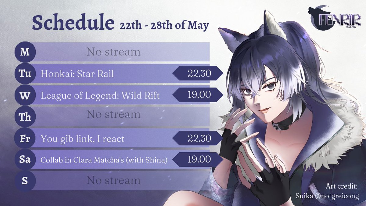 F_nrir's tweet photo. 'Aight, people.
Here is the schedule for this week!

General : #Fenrawr
Stream : #FenrirStream
Singing : #Fentatonic
Clips : #SnipFen
Fanworks : #Fentelier
Meme : #Gepengrir

#Vtuber #VtuberID #VtuberUprising

Scroll for upcoming info ⤵ https://t.co/MWc1CbiDin