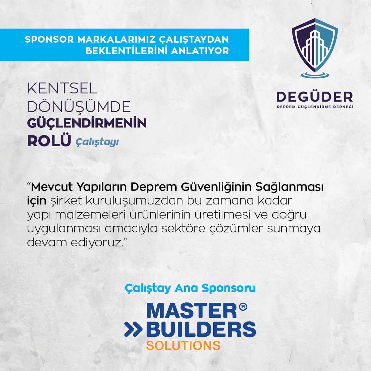 DEGUDER_Resmi's tweet photo. DEGÜDER Kentsel Dönüşümde Güçlendirmenin Rolü Çalıştayı’mızın ana sponsorlarından Master Builders Solutions’ın çalıştaya dair görüşlerini paylaşıyoruz:
+

#degüder #kentseldönüşüm #degüderçalıştay #güçlendirme #mbcc #masterbuilderssolutions https://t.co/AIb6AH3P9c
