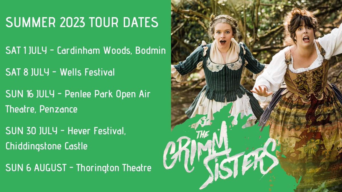 🌲THE GRIMM SISTERS are back! 🌲 
Join Brunhilde + Mitze as they tell their twisted tales and surprising songs in an interactive adventure (aimed for ages 6+.) 
All show info and ticket links can be found on our website scratchworkstheatre.com/on-tour