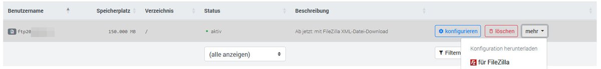 Ab sofort könnt ihr bei den #FTP-Benutzern im #Webhosting die Konfiguration für FileZilla direkt und bequem im Kunden-Menü herunterladen.