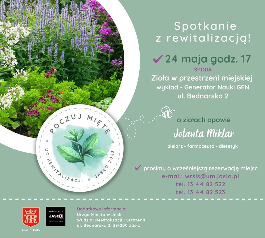 UMJaslo's tweet photo. „Poczuj miętę do rewitalizacji”.
W ramach zadania zaplanowano cykl spotkań dotyczących ziół.
Spotkanie odbędzie się 24 maja, godz.17 w  Generatorze Nauki GEN ul. Bednarska 2.
Prosimy o potwierdzenie przybycia:  tel.13 44 82 522,  523 lub mailowo: wrsis@um.jaslo.pl
#MiastoJasło https://t.co/HgachsD82F