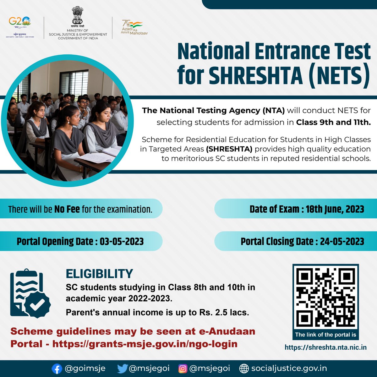 The National Testing Agency (NTA) will conduct #NETS for selecting students for admission in class 9th and 11th. #PMOIndia #SabkaSaathSabkaVikas #MakeInclusiveReal #8YearsOfSeva #MyGov #Atmanirbharbharat
@PMOIndia

@PMOIndia @narendramodi @AmitShah @Drvirendrakum13