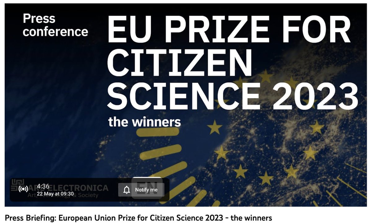 EUCitSciProject's tweet image. Press Event for the European Union Prize for #CitizenScience.
Date: Monday, May 22, 2023, at 09:30 - 10:30 (CEST).
Location: Ars Electronica Center Linz, Austria
Live stream Link: youtube.com/watch?v=xLzPih….
#EUCitizenSciencePrize and tag @ArsElectronica and @impetus4cs