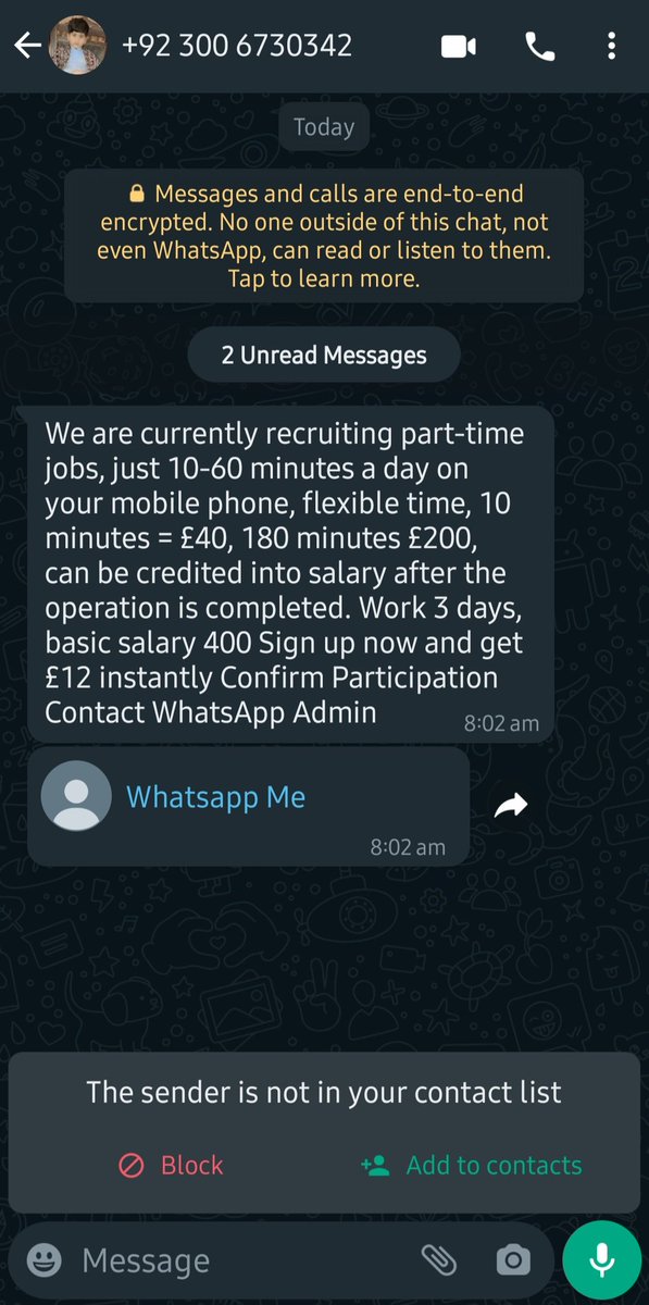 HeadsUpItsaScam's tweet photo. Got a message from +92 300 6730342 asking me to message +44 7721 561865 about recruitment.... SCAM!

Remember, just report, block and share. This scam targets 16+
-
#SCAM #scammer #Report #Awareness #fake #ScamAlert #scamawareness #WhatsAppScam #Recrutement #RecrutementScam https://t.co/nU1AjAZXdR