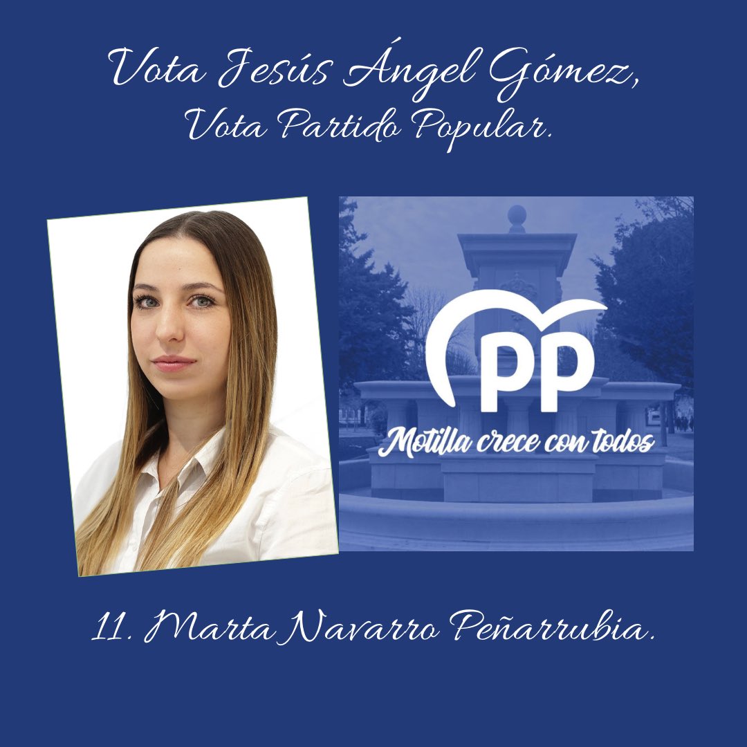 ppmotilla's tweet photo. 🔹CANDIDATURA PP MOTILLA 🔹

1️⃣1️⃣. Marta Navarro Peñarrubia.

#MotillaCreceConTodos #EntreTodos #PreparadosParaGobernar #28M #EleccionesMunicipales 🗳️ https://t.co/RMsEmrxfbj