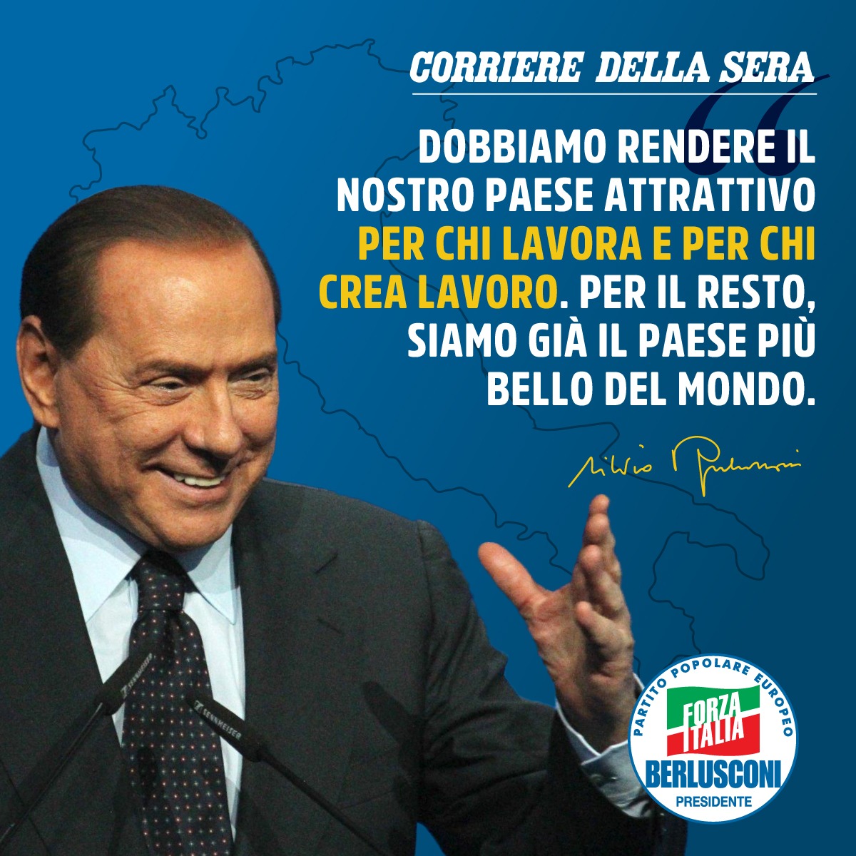 Silvio Berlusconi (@berlusconi) on Twitter photo L'Italia, il Paese che amo, ha un grande futuro, perché il nostro è un popolo straordinario, capace di veri miracoli.
Leggi l'intervista che ho rilasciato al <a href="/Corriere/">Corriere della Sera</a> 👉 rb.gy/euvg5 L'Italia, il Paese che amo, ha un grande futuro, perché il nostro è un popolo straordinario, capace di veri miracoli.
Leggi l'intervista che ho rilasciato al <a href="/Corriere/">Corriere della Sera</a> 👉 rb.gy/euvg5