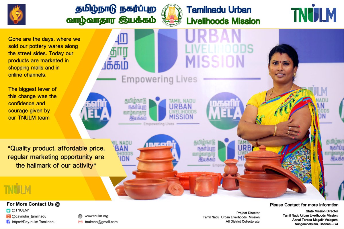 TNULM1's tweet photo. A success story of a woman who sold her pottery products on the Street sides has now transformed into displaying her products in big shopping malls!!!
#daynulmtamilnadu #DAYNULM #entrepreneur #shgmembers #selfgroup #livelihoodactivities #Chennai #TamilnaduNews #urbanpoor https://t.co/wdW39txYWQ