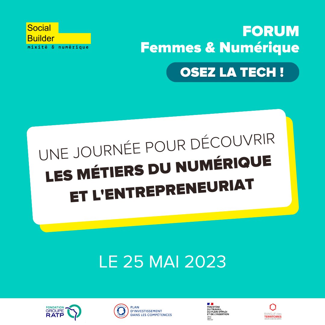 #Agenda - @SocialBuilder le forum Femmes & Numérique : osez la tech ! Un événement pour faire découvrir aux femmes les métiers du #digital et les clés pour se lancer dans l'#entrepreneuriat 📅 Le 25 mai de 9h à 16h 📍 @ParisYNOVCampus + d'infos 👉 inscription.osezlatech.fr
