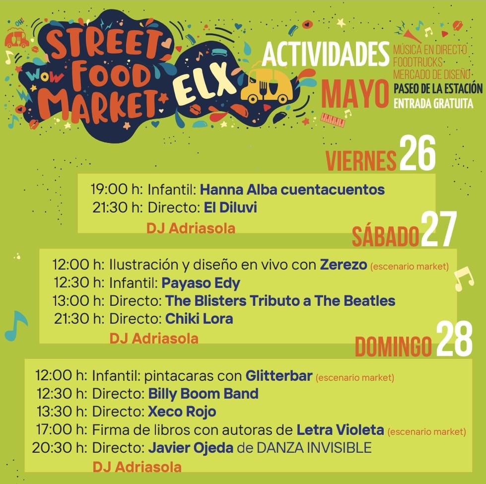 📢Tenemos algunos cambios en el Elx Street Market que se celebrará este fin de semana en el Paseo de la Estación

🔄The Blísters sustituyen a The Liverpool Band el sábado a las 13.00h
🔄Chiki Lora sustituye a el Jose el sábado a las 21.30h

El resto de la programación se mantiene