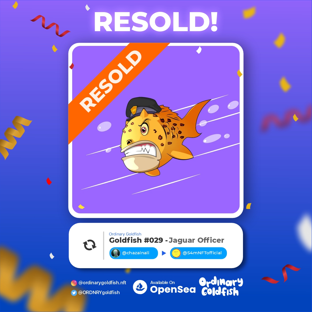 ORDNRYgoldfish's tweet photo. 🔃 RESOLD 🔃

Goldfish #029 - Jaguar Officer was just got RESOLD .

⬆️ From @chazainali .
⬇️ to @S4mNFTofficial .

Congrats @chazainali for the sale and welcome @S4mNFTofficial to the goldfish fam! your supports means the world to goldfish 🐠🐠🐠🐠

#NFTCommunity #PolygonNFT