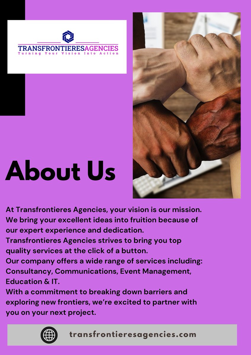 Our goal is to ensure we deliver your expectations. We offer: Communication Services, Event Management, Education Training, IT Services & Consultancy.
#ConsultingFirm #ConsultingAgency #Consulting #KenyanConsultingAgency #YourVisionIsOurMission