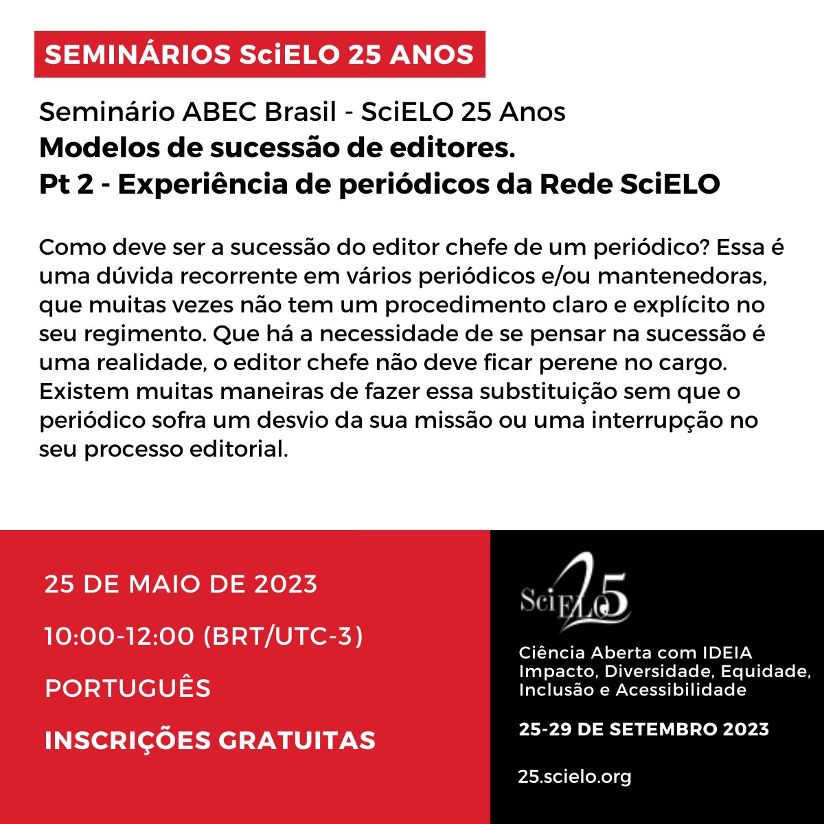 Confira o seminário #SciELO25 da semana!

✨Modelos de sucessão de editores. Parte 2 – Experiência de periódicos da Rede SciELO  em parceria com <a href="/ABECBrasil/">ABECBrasil</a> e coordenado por <a href="/SilviaGalleti/">Silvia Galleti</a> - quinta, 10:00 UTC-3 25.scielo.org/seminarios/abe…

Inscreva-se!