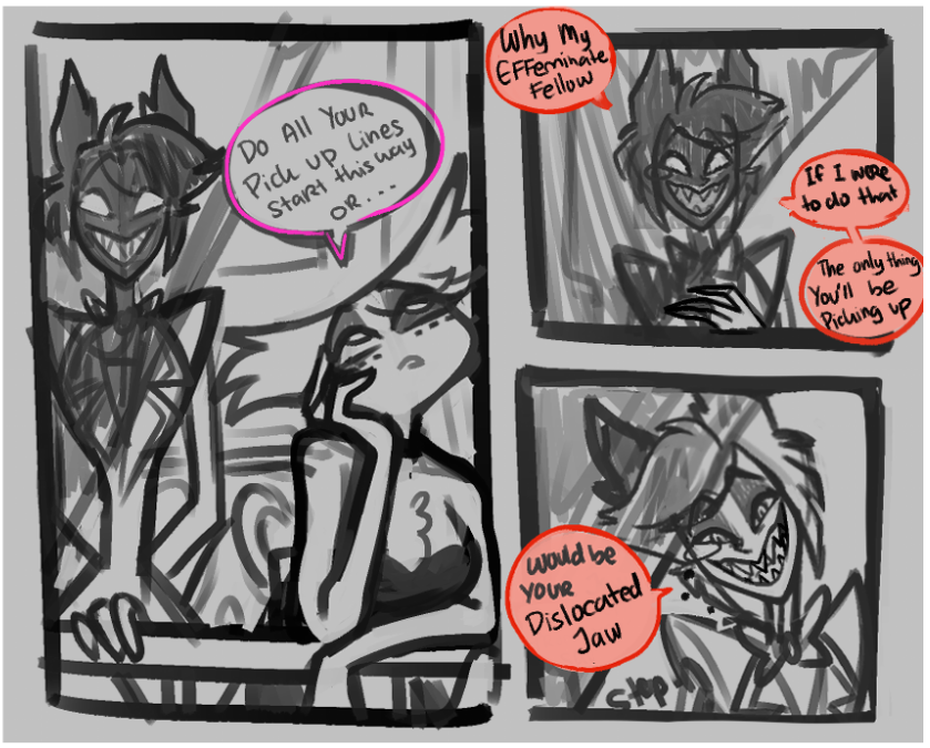 LumiArtFarts's tweet photo. (have some sketches o3o that may or may not be polished and finished at some point in the future) (1/4)

Radiodust 
"Smokes and Rose Tinted Mirrors" #1??

#AngelDust #Alastor #HazbinHotelAlastor #HazbinHotelAngelDust #Radiodust #Fanart #HazbinHotelFanart #ItsjustSketchesfornow https://t.co/1eDwmlPeGs