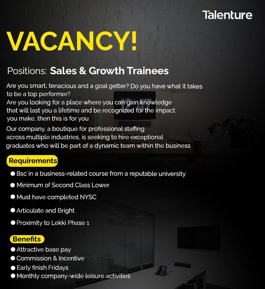 Talenture Group is hiring graduate trainees 💃🏾💃🏾

To apply: zurl.to/dQkb?source=Ca…

#lagosjobs #jobsinlagos