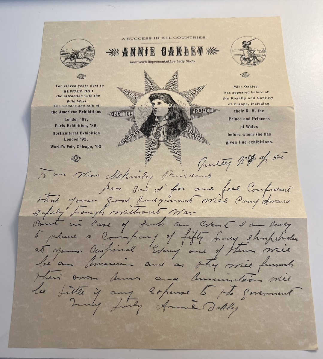 For my birthday I received a gift called History By Mail. Every month I will receive a replica historical document. 

This month is a letter from Annie Oakley to President McKinley offering 50 female sharpshooters during the Spanish-American War.  #NerdAlert