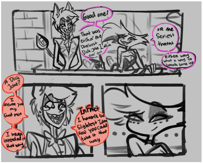 LumiArtFarts's tweet photo. (have some sketches o3o that may or may not be polished and finished at some point in the future) (1/4)

Radiodust 
"Smokes and Rose Tinted Mirrors" #1??

#AngelDust #Alastor #HazbinHotelAlastor #HazbinHotelAngelDust #Radiodust #Fanart #HazbinHotelFanart #ItsjustSketchesfornow https://t.co/1eDwmlPeGs