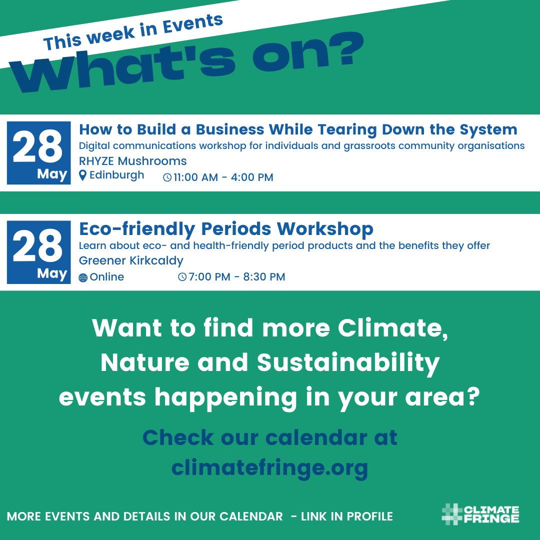 ClimateFringe's tweet image. What's On! 💫

A great range of climate, nature, and sustainability event happening this week. Which ones are you joining?

#whatson #whatsonscotland #climateevents #climateventsonline #sustainabilityscotland