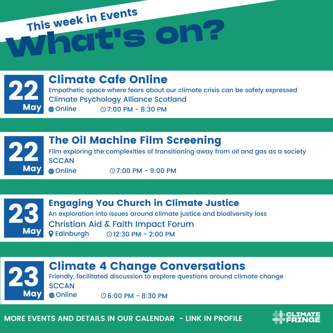 ClimateFringe's tweet image. What's On! 💫

A great range of climate, nature, and sustainability event happening this week. Which ones are you joining?

#whatson #whatsonscotland #climateevents #climateventsonline #sustainabilityscotland