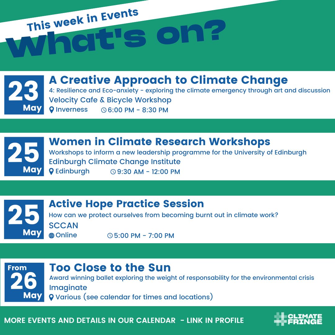 ClimateFringe's tweet image. What's On! 💫

A great range of climate, nature, and sustainability event happening this week. Which ones are you joining?

#whatson #whatsonscotland #climateevents #climateventsonline #sustainabilityscotland