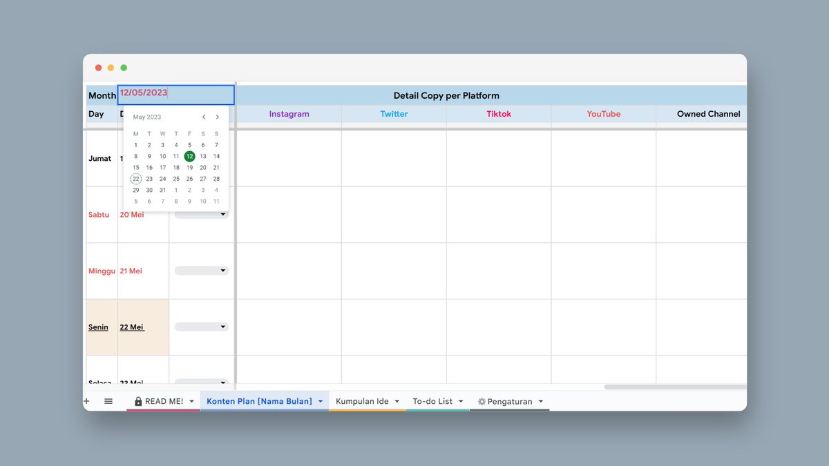 Hi gaes, template baru nih buat bikin konten plan socmed🥳

Idenya sederhana, biar proses perencanaan konten lebih menyenangkan✨

Hari & tanggal otomatis menyesuaikan bulan yg dipilih, baris jadi abu-abu kalau status konten 'publish'.

Digital Content Planner Template ⤵️