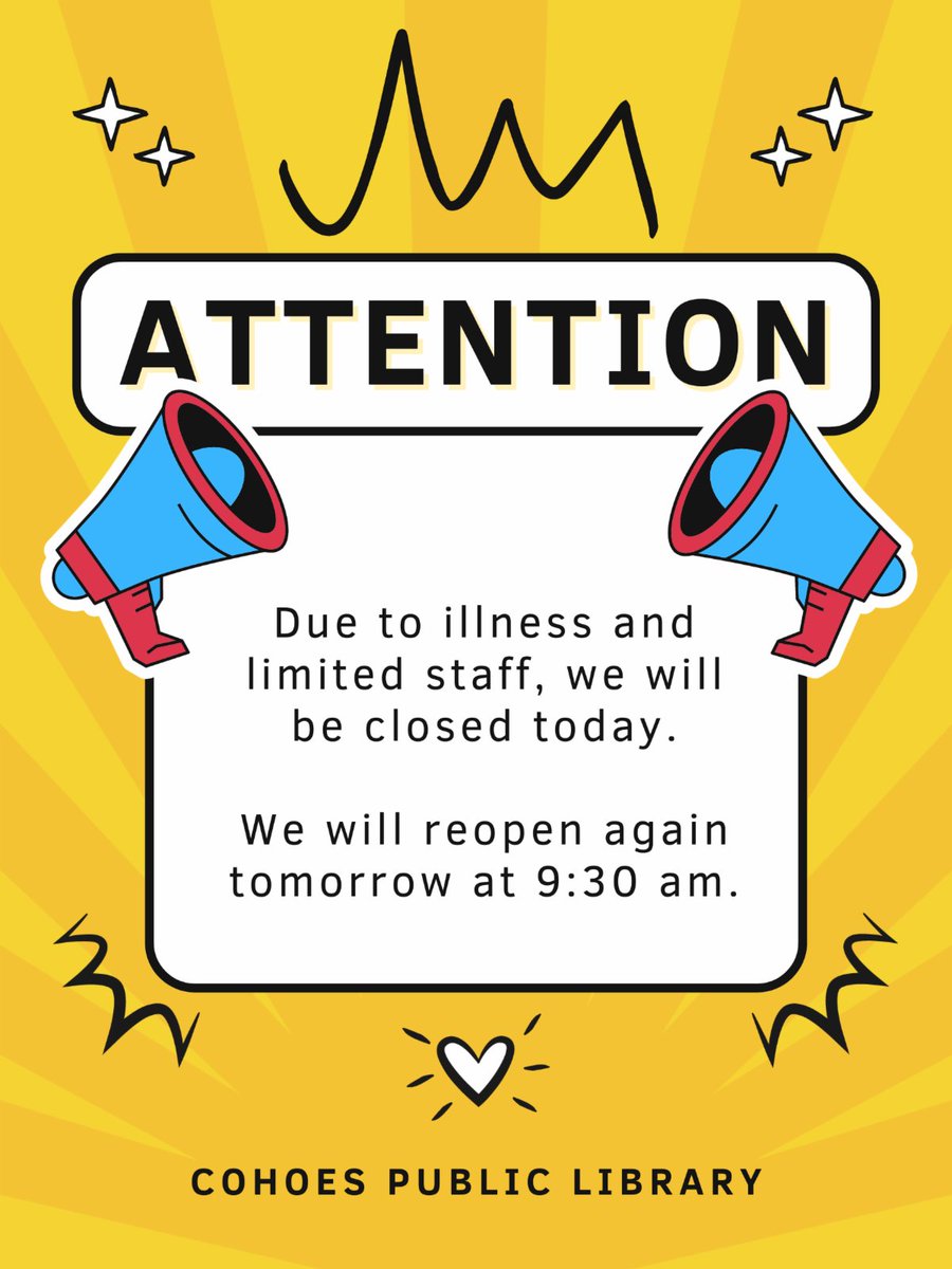 CohoesLibrary's tweet photo. Closed Monday, May 22. Our apologies for the short notice. https://t.co/fdAZYMmfOt