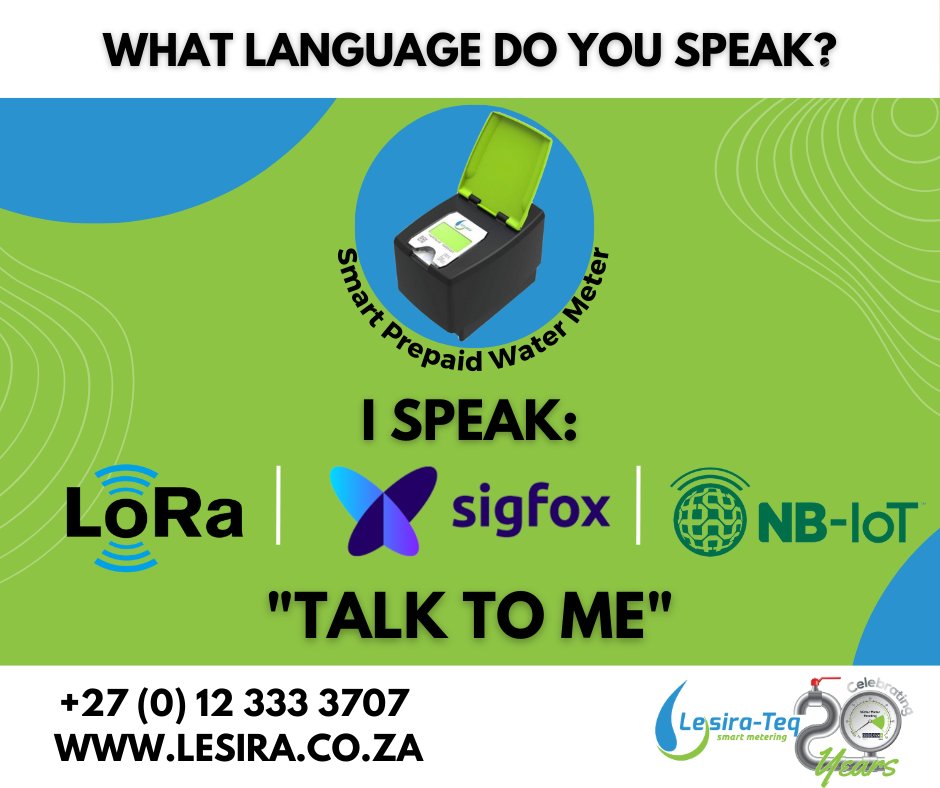 Our Smart Prepaid Water Meter communicates in all IoT languages.
#lorawan #sigfox #nbiot
Visit lesira.co.za for more information.