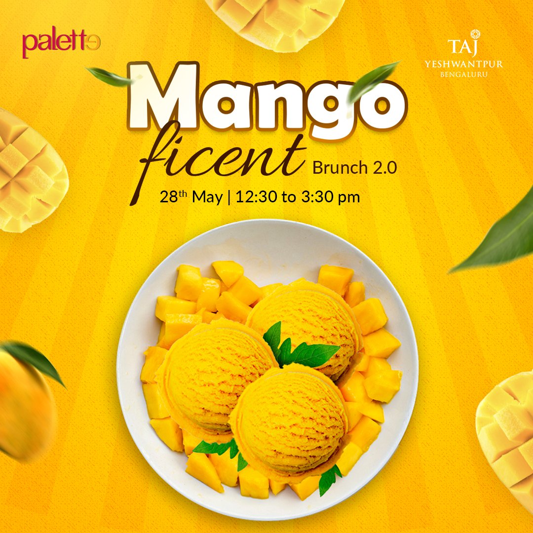 For true mango connoisseurs — Palette’s exquisite Mangoficent Brunch 2.0.

Palette | 28th May | 12:30 to 3:30 pm

For reservations, please call: +91 81230 07880

#TajYeshwantpur #TajHotels #Mangoficent #MangoFestival #MangoSeason #MangoBrunch #MangoLove