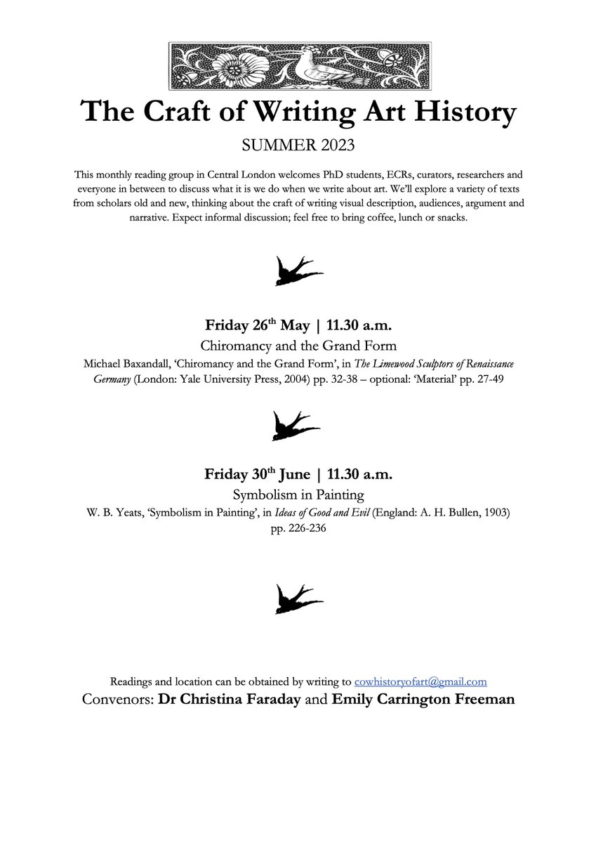 📣THIS FRIDAY📣Join <a href="/cjfaraday/">Dr Christina J Faraday</a> and myself for the next meeting of The Craft of Writing Art History. We're reading Baxandall's 'Chriomancy and the Grand Form', promising  scintillating prose and sparkling ideas to discuss. EMAIL cowhistoryofart [at] gmail [dot] com for details 🖼