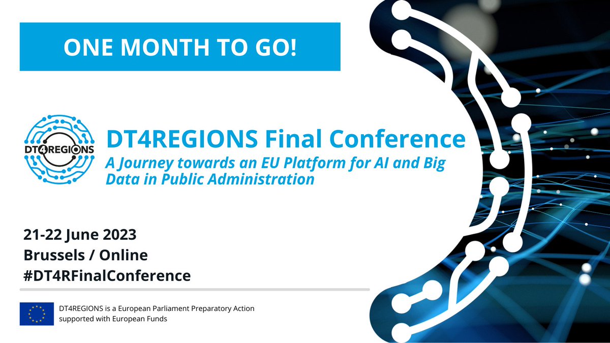 DT4REGIONS's tweet photo. 📢There’s just 1⃣ month to go until the #DT4RFinalConference on using #AI and #BigData for transforming public administration!
🤝Join us in Brussels or online!
👉Register here: https://t.co/VPG35xrNo0 https://t.co/TgJ9qOAuKR