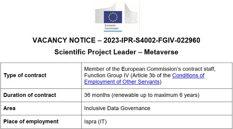 Michele Vespe (@m_vespe) on Twitter photo 📢 Come join the <a href="/EU_ScienceHub/">EU_ScienceHub</a> to develop and lead a project on societal, economic, and technological implications of next generation #VirtualWorlds!
Apply by 26/6 and deliver scientific insights to shape #EU policy to positively impact society!
Info: recruitment.jrc.ec.europa.eu 📢 Come join the <a href="/EU_ScienceHub/">EU_ScienceHub</a> to develop and lead a project on societal, economic, and technological implications of next generation #VirtualWorlds!
Apply by 26/6 and deliver scientific insights to shape #EU policy to positively impact society!
Info: recruitment.jrc.ec.europa.eu