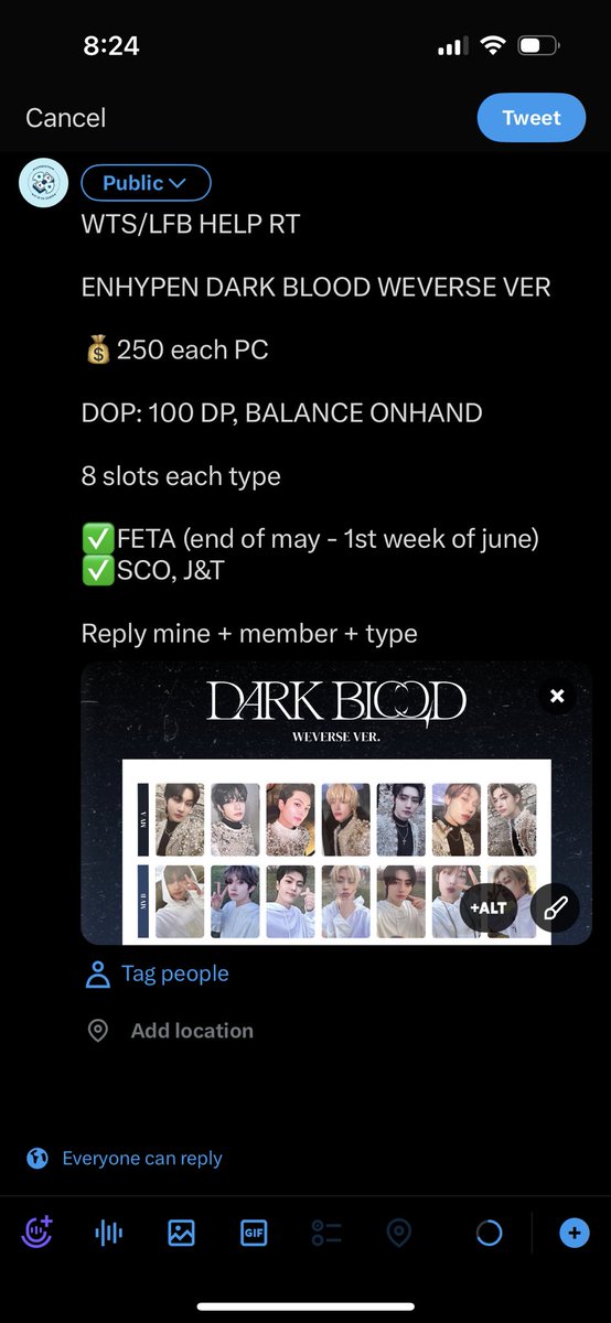 9 pm ko po ilalapag 

8 slots each member type