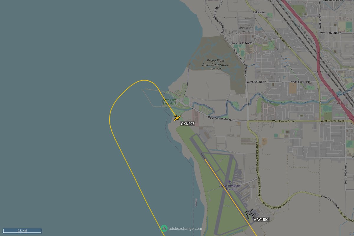 N22237, a 172S, (callsign CXK297) is circling over Utah County at 4600 feet, speed 64 MPH, squawking 1200, 0.84 miles from Provo Airport #N22237 globe.adsbexchange.com/?icao=A1EB50&z…