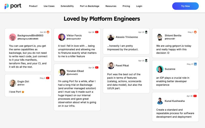 We are truly fortunate to get community ❤️ on Twitter, Slack Youtube and Reddit.

Thank you, everyone, for supporting Port, we are grateful to get these kind words! 🤩

We also added these ❤️ snippets to our homepage at getport.io

<a href="/tweetsbyport/">Port</a>